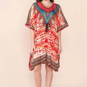 CARESSA ORANGE DRAWSTRING MIX SHORT S- 3XL LOUNGE TUNIC COVERUP DRESS KAFTAN